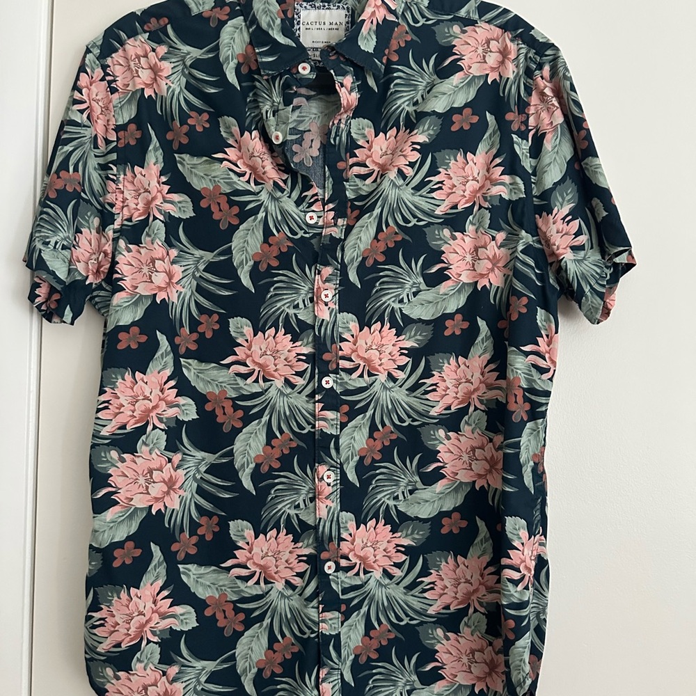 Pink and Green Casual Button Down Shirt with Tropical Flair